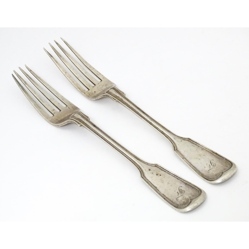 515 - Two German .800 silver Fiddle and Thread pattern table forks. Approx. 8 1/4