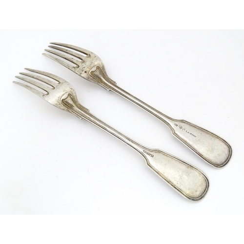 515 - Two German .800 silver Fiddle and Thread pattern table forks. Approx. 8 1/4