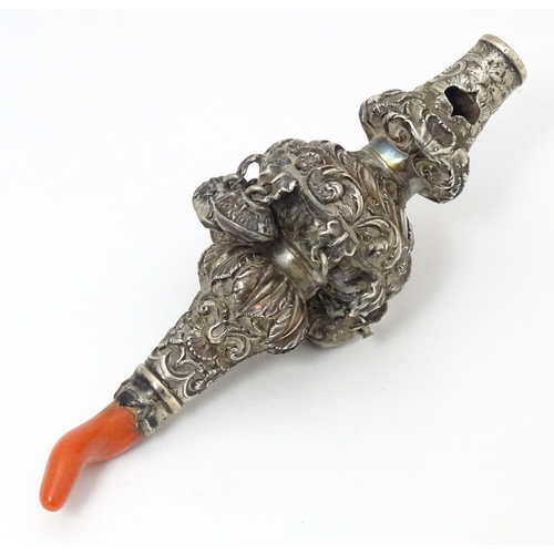 535 - A Victorian silver child's / baby's rattle with whistle to one end, and coral teether to the other, ... 