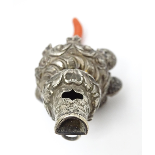 535 - A Victorian silver child's / baby's rattle with whistle to one end, and coral teether to the other, ... 