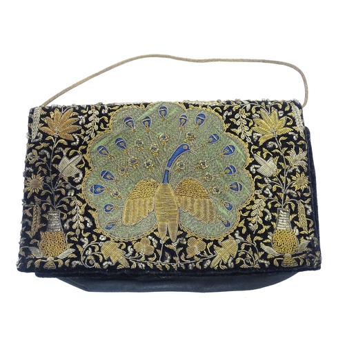 1176 - Vintage fashion / clothing: A black velvet clutch / handbag, hand embellished with a peacock design,... 