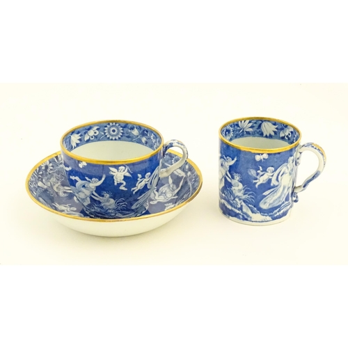 174 - A Spode blue and white tea cup, coffee cup and saucer decorated in the Love Chase pattern, with gilt... 