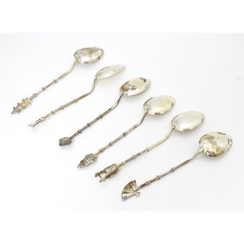 615 - A Set of six Japanese silver coffee spoons with bamboo style decoration to handles terminating in va... 