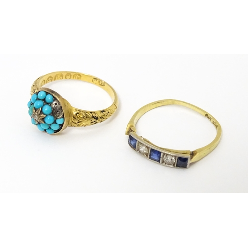 695 - An 18ct gold ring set with sapphires and diamonds. Together with a Victorian 18ct gold ring set with... 