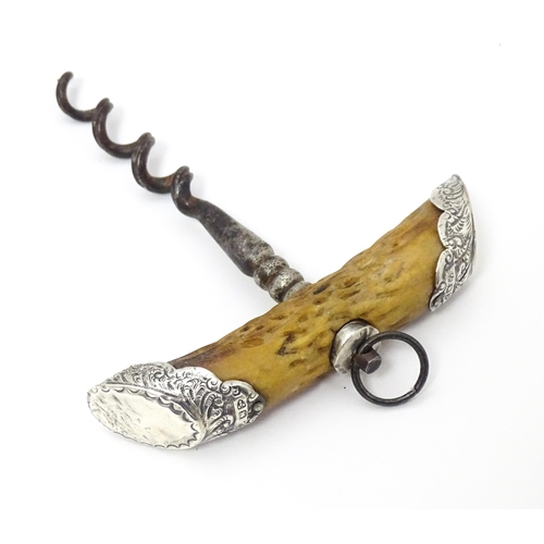 382 - A Victorian corkscrew with antler handle and silver mounts, hallmarked Chester 1899 maker W J Myatt ... 