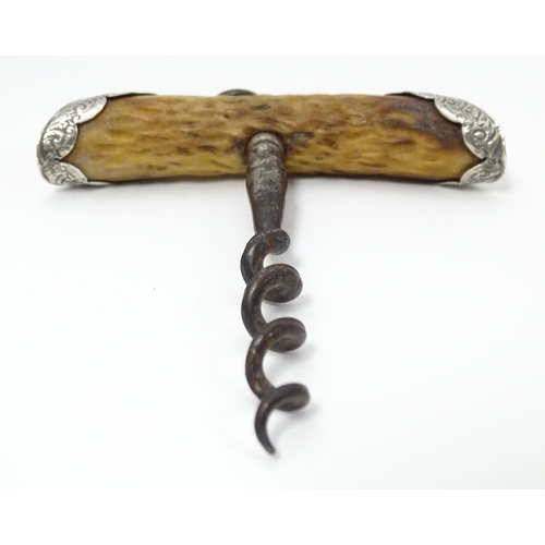 382 - A Victorian corkscrew with antler handle and silver mounts, hallmarked Chester 1899 maker W J Myatt ... 