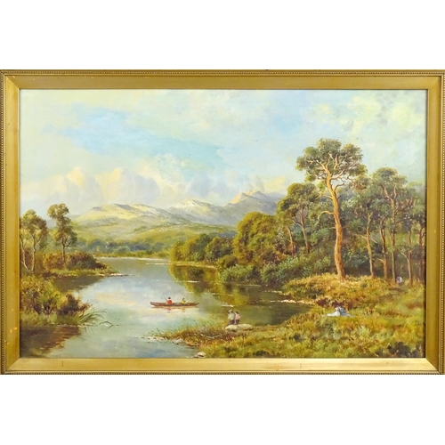 1717 - Henry Cooper, 19th century, Oil on canvas, A wooded river landscape with fishermen, and mountains be... 