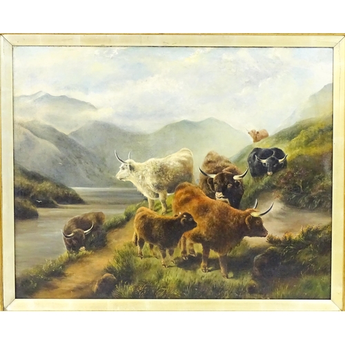 1718 - Manner of Wright Barker, Early 20th century, Scottish School, Oil on canvas, Highland cattle in a lo... 