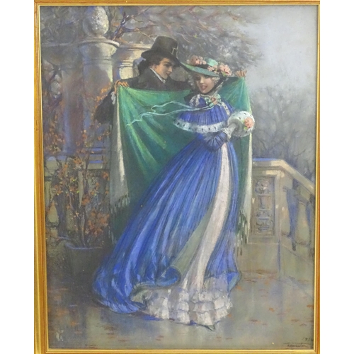 1897 - Indistinctly signed, 20th century, Continental School, Pastel, A young 19th century couple on stone ... 