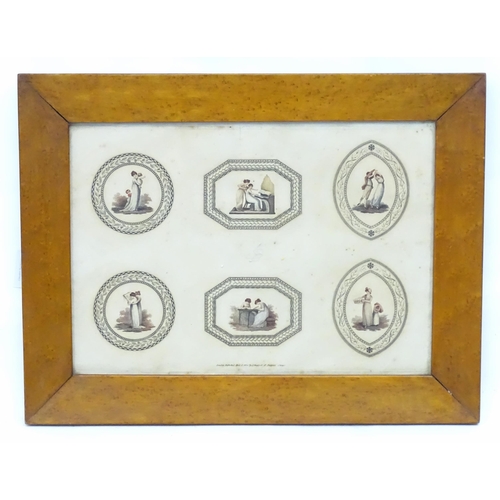 2009 - A 19thC birdseye maple frame of rectangular form, containing a 19thC engraving depicting six decorat... 