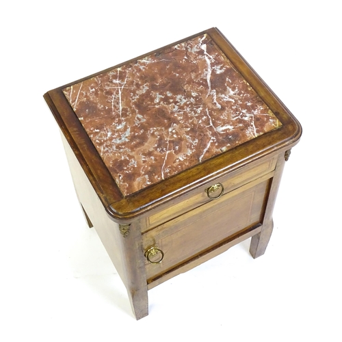 1435 - A late 19thC marble topped cabinet, with a rouge marble top above a small drawer and panelled cupboa... 