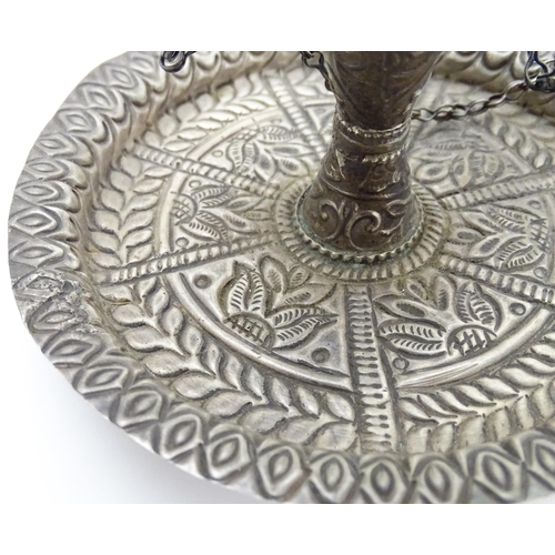 625 - A Middle Eastern white metal pedestal incense burner on a circular base, marked OMAN under. Together... 