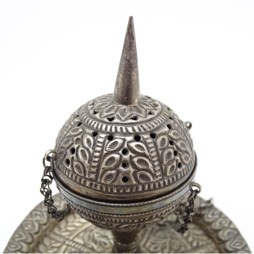 625 - A Middle Eastern white metal pedestal incense burner on a circular base, marked OMAN under. Together... 