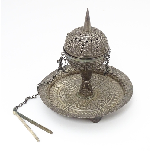 625 - A Middle Eastern white metal pedestal incense burner on a circular base, marked OMAN under. Together... 