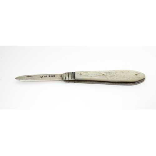 411 - A Victorian silver folding fruit knife with mother of pearl handle, hallmarked Sheffield 1896 maker ... 