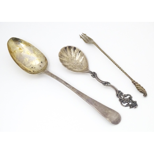 505 - Three silver items comprising a Geo III Old English pattern tablespoon, hallmarked London 1802, make... 