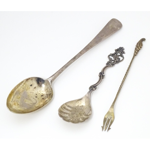 505 - Three silver items comprising a Geo III Old English pattern tablespoon, hallmarked London 1802, make... 