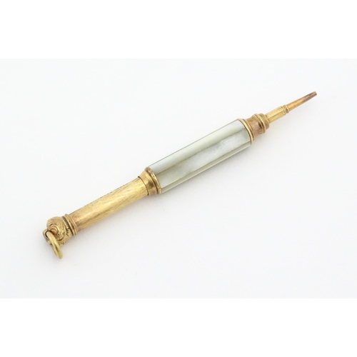 1182 - A Victorian gilt metal propelling pencil with mother of pearl detail. Marked Pearl Pat. Mar. 8 81. A... 