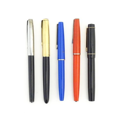 1185 - Five 20thC fountain pens, comprising a Dickinson 'The Croxley Pen' with 14K gold nib, together with ... 