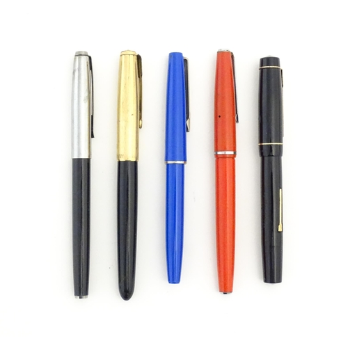 1185 - Five 20thC fountain pens, comprising a Dickinson 'The Croxley Pen' with 14K gold nib, together with ... 