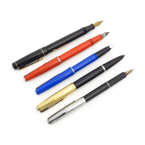 1185 - Five 20thC fountain pens, comprising a Dickinson 'The Croxley Pen' with 14K gold nib, together with ... 