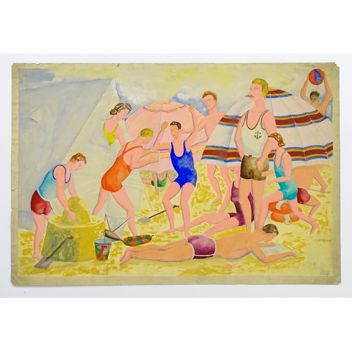 1860 - Ronald William ( Josh ) Kirby (1928-2001), British commercial artist, Watercolour, Beach Party. Sign... 