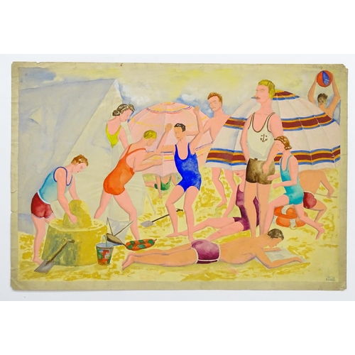 1860 - Ronald William ( Josh ) Kirby (1928-2001), British commercial artist, Watercolour, Beach Party. Sign... 