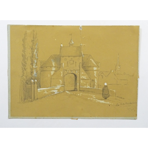 1865 - 19th century, Pencil and chalk, La Porte Marechale, Bruges. Signed and dated (18)95 lower right. Tog... 