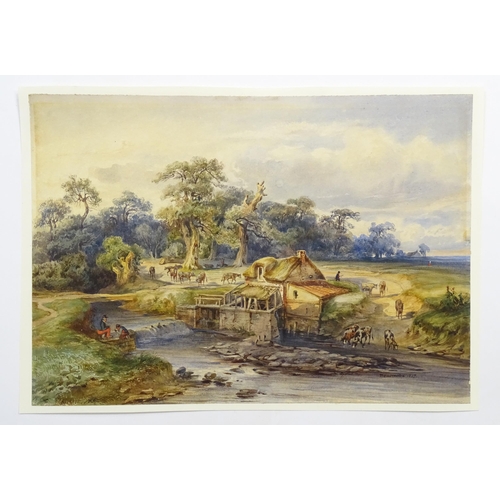 1866A - Edouard Auguste Nousveaux (1811-1867), Watercolour, A landscape scene with a watermill with cattle w... 