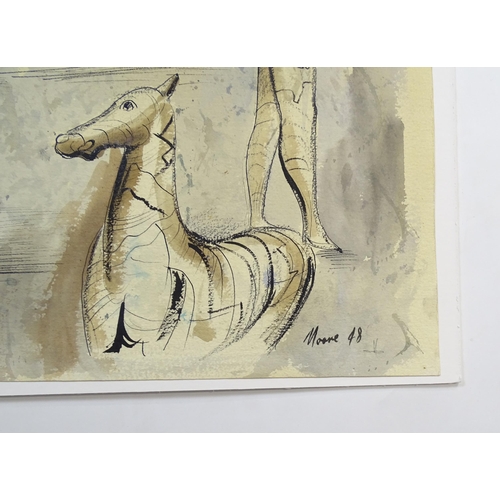 1877 - Manner of Henry Moore, Watercolour and ink, Six studies / ideas for sculptures to include standing f... 