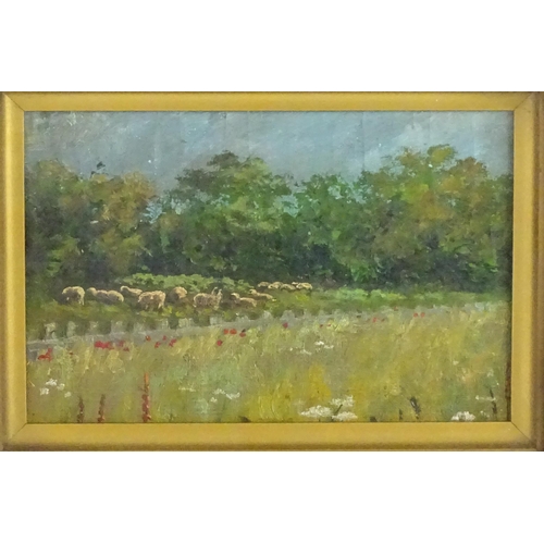 1711 - 20th century, Oil on canvas laid on board, A rural scene with wild flowers and sheep grazing. Approx... 