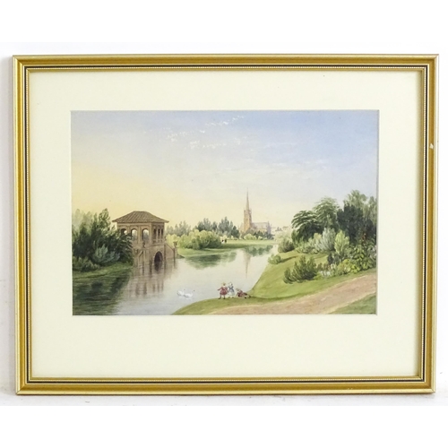 1836 - 19th century, Watercolour, Birkenhead Park with a children playing, swans on the water, the Roman Pa... 