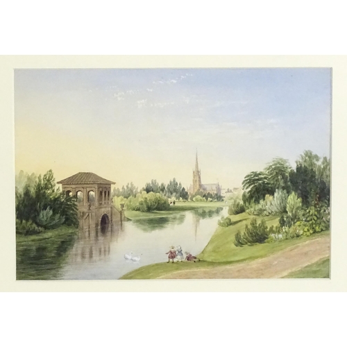 1836 - 19th century, Watercolour, Birkenhead Park with a children playing, swans on the water, the Roman Pa... 