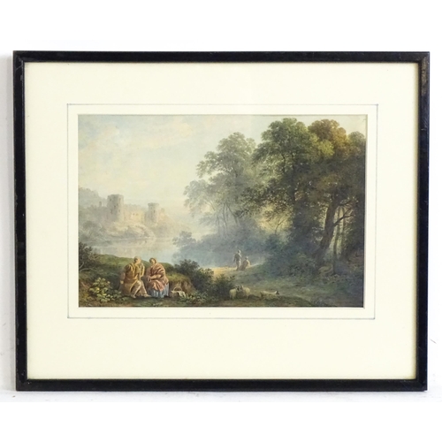 1837 - Attributed to John Glover, 18th century, Watercolour, Figures resting with sheep by the River Tees w... 