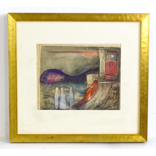 1843 - Manner of Edvard Munch, Watercolour and charcoal, Coastal scene with figures. Signed E. Munch lower ... 