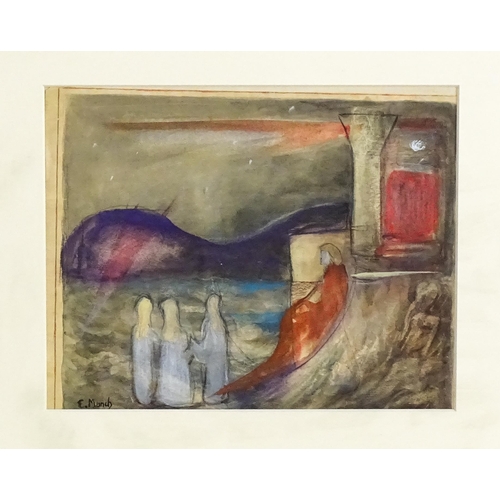 1843 - Manner of Edvard Munch, Watercolour and charcoal, Coastal scene with figures. Signed E. Munch lower ... 