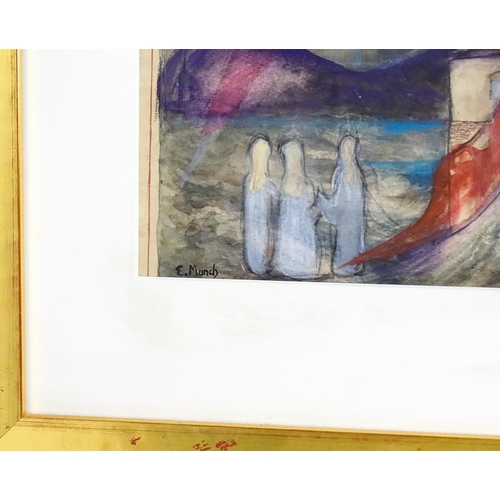 1843 - Manner of Edvard Munch, Watercolour and charcoal, Coastal scene with figures. Signed E. Munch lower ... 