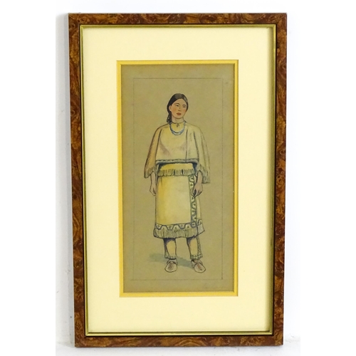 1845 - 19th century, Watercolour, A full length portrait of a Native American Indian woman in leather attir... 