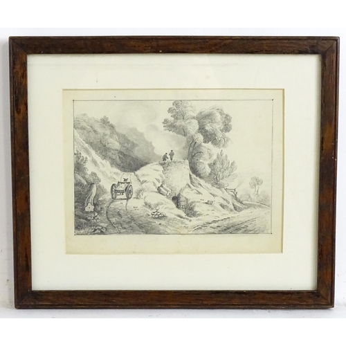 1888 - 19th century, Pencil sketch, A wooded landscape with cart and figures. Indistinctly signed lower rig... 