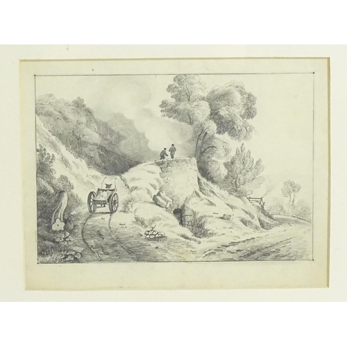 1888 - 19th century, Pencil sketch, A wooded landscape with cart and figures. Indistinctly signed lower rig... 