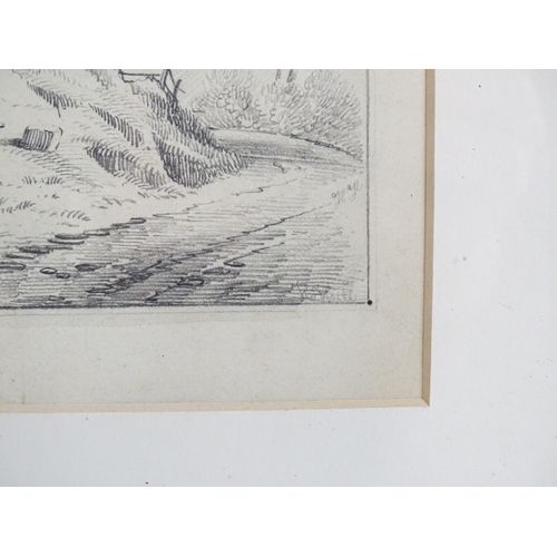 1888 - 19th century, Pencil sketch, A wooded landscape with cart and figures. Indistinctly signed lower rig... 