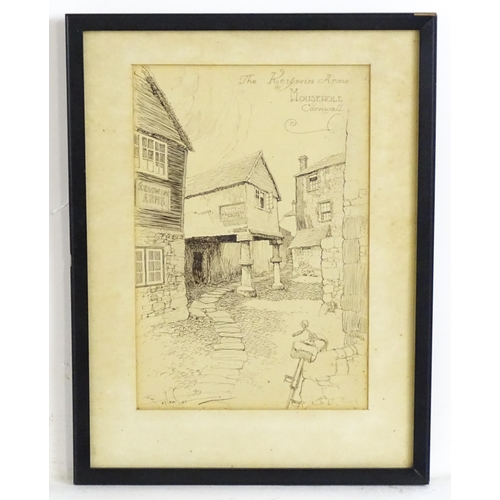 1890 - Frank Patterson (1871-1952), Cycling Interest, Pen and ink, The Keigwin Arms, Mousehole, Cornwall wi... 