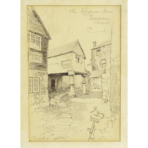 1890 - Frank Patterson (1871-1952), Cycling Interest, Pen and ink, The Keigwin Arms, Mousehole, Cornwall wi... 