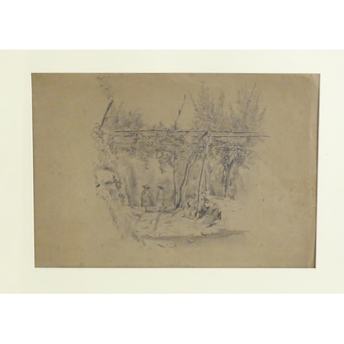 1894 - 19th century, Pencil on paper, Pergola with vineyard and figures in Stresa, Italy. Signed with initi... 