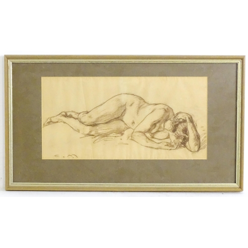 1903 - 20th century, Charcoal, Reclining female nude. Signed with initials C M lower left. Approx. 7 3/4