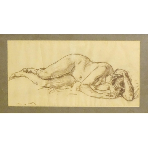 1903 - 20th century, Charcoal, Reclining female nude. Signed with initials C M lower left. Approx. 7 3/4