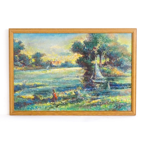 1904 - Michael D'Aguilar (1924-2011), Pastels, A child and dog playing near a lake with boat. Signed lower ... 