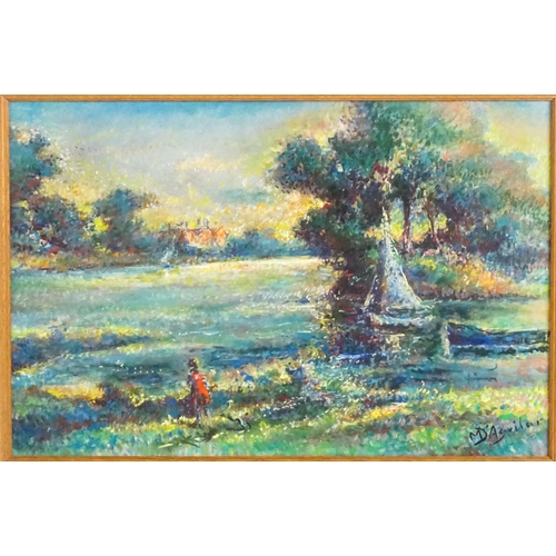 1904 - Michael D'Aguilar (1924-2011), Pastels, A child and dog playing near a lake with boat. Signed lower ... 