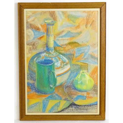 1909 - 20th century, Pastels, A still life study with bottle vase, pear and tankard. Approx. 22 1/4