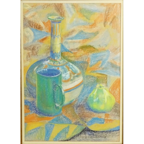 1909 - 20th century, Pastels, A still life study with bottle vase, pear and tankard. Approx. 22 1/4